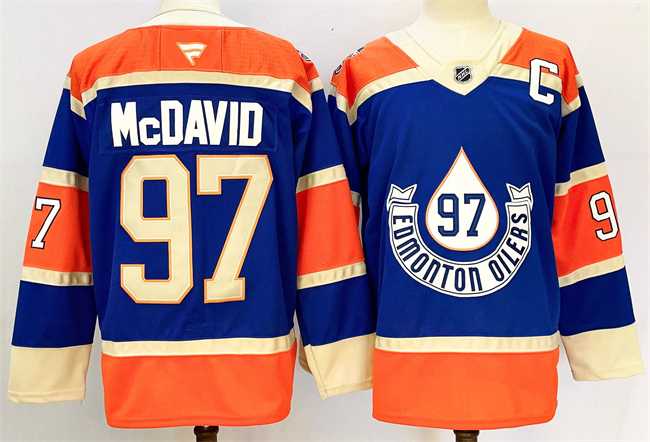 Mens Edmonton Oilers #97 Connor McDavid Royal 2024-25 With C Patch Heritage Classic Primegreen Stitched Jersey